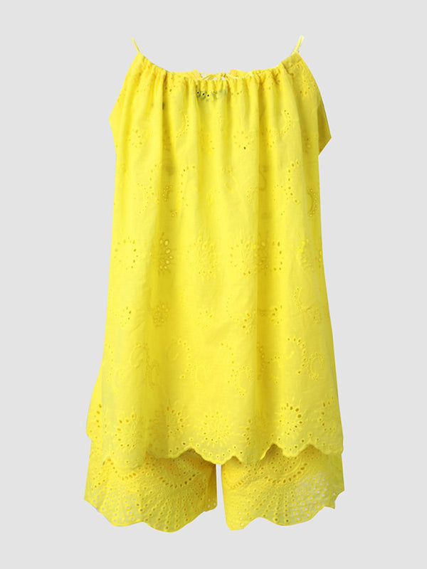 Blue Zone Planet |  sleeveless drawstring ruffled hollow camisole embroidered shorts suit BLUE ZONE PLANET