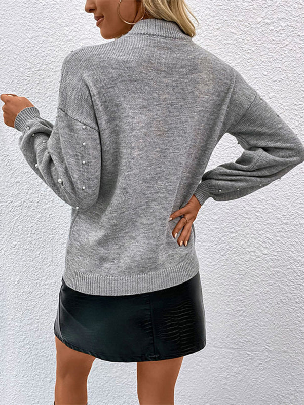 Blue Zone Planet | Long sleeve solid color beaded loose pullover sweater BLUE ZONE PLANET
