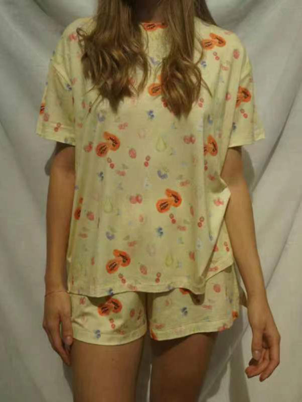 Blue Zone Planet | short-sleeved printed pajamas slit irregular shorts loose suit home clothes BLUE ZONE PLANET