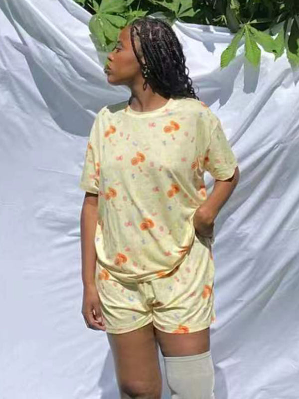 Blue Zone Planet | short-sleeved printed pajamas slit irregular shorts loose suit home clothes BLUE ZONE PLANET