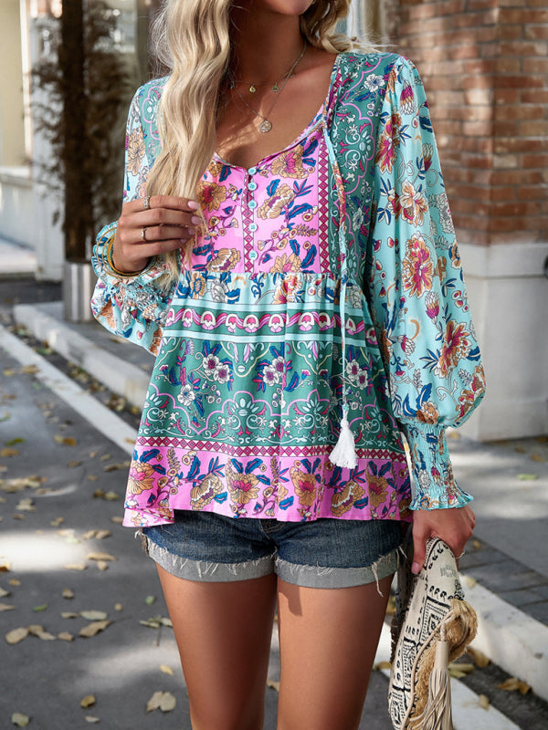 Bohemian casual style cotton printed long-sleeved shirt for women kakaclo