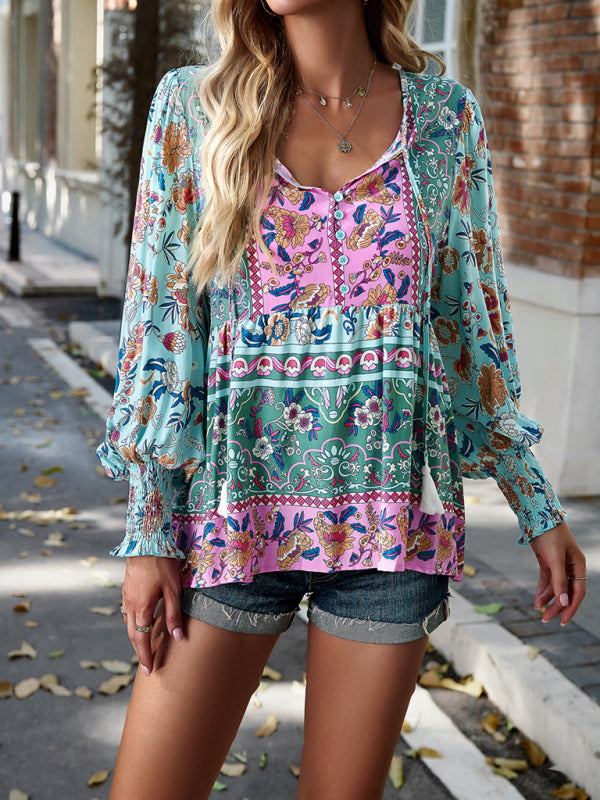 Bohemian casual style cotton printed long-sleeved shirt for women kakaclo