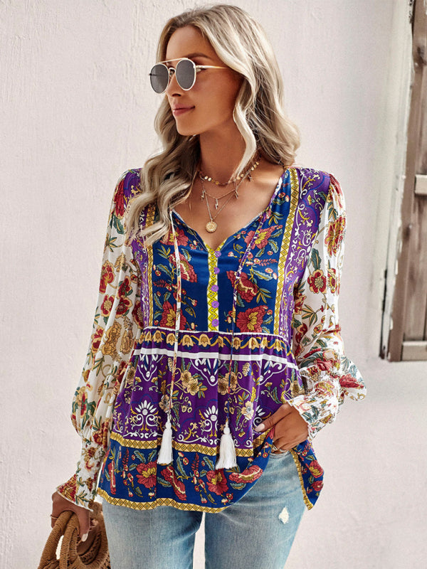 Bohemian casual style cotton printed long-sleeved shirt for women kakaclo