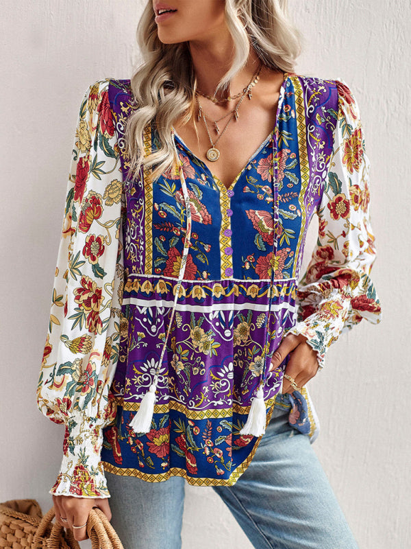 Bohemian casual style cotton printed long-sleeved shirt for women kakaclo