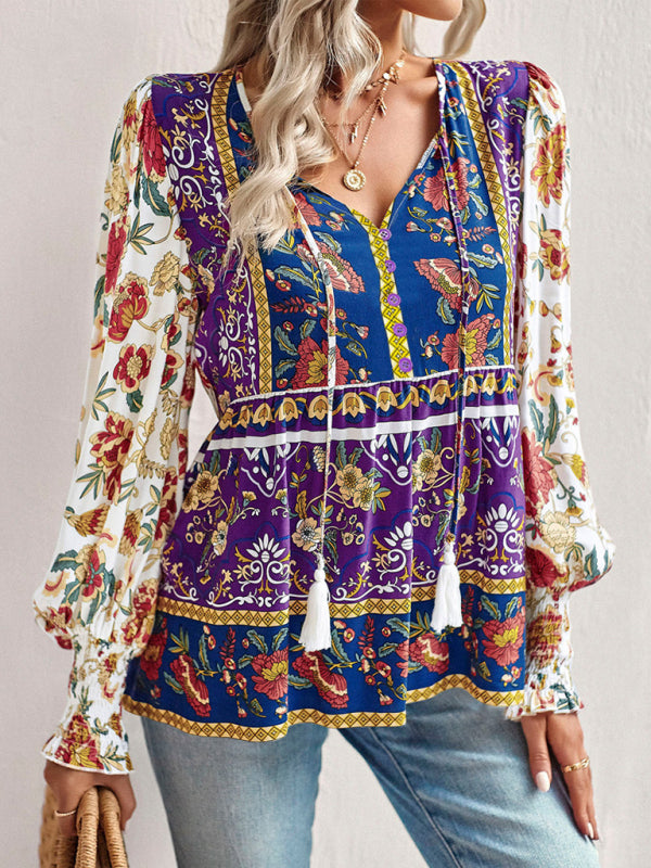 Bohemian casual style cotton printed long-sleeved shirt for women kakaclo