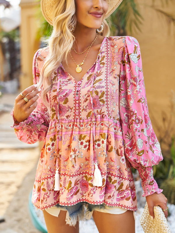 Bohemian casual style cotton printed long-sleeved shirt for women kakaclo