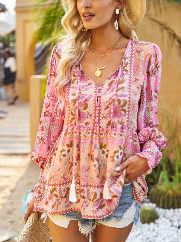 Bohemian casual style cotton printed long-sleeved shirt for women kakaclo