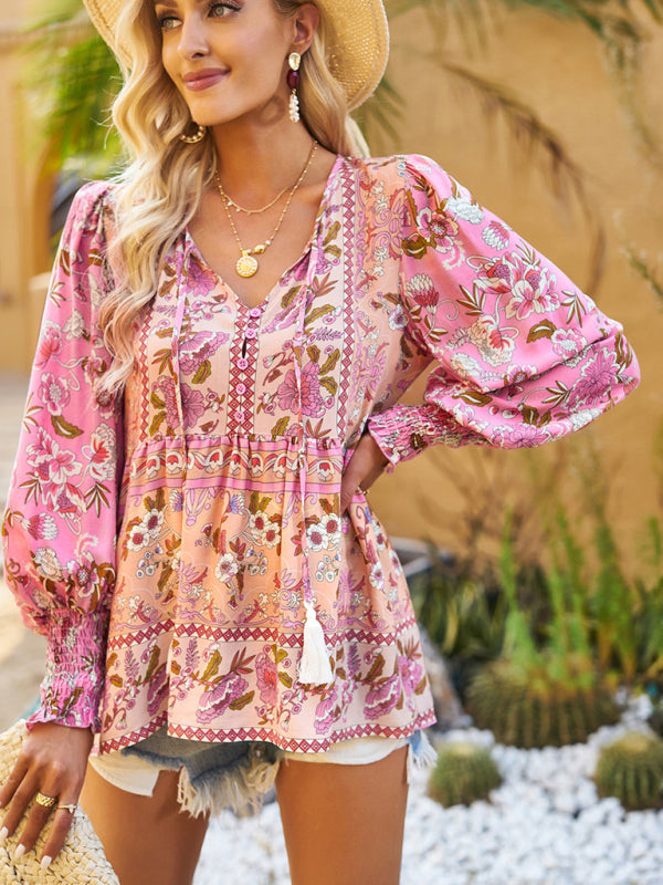 Bohemian casual style cotton printed long-sleeved shirt for women kakaclo