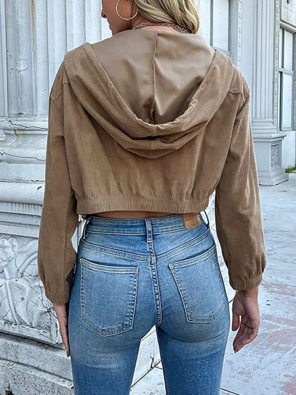 Fashion women's solid color hooded corduroy jacket kakaclo