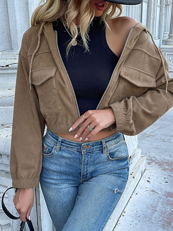 Fashion women's solid color hooded corduroy jacket kakaclo