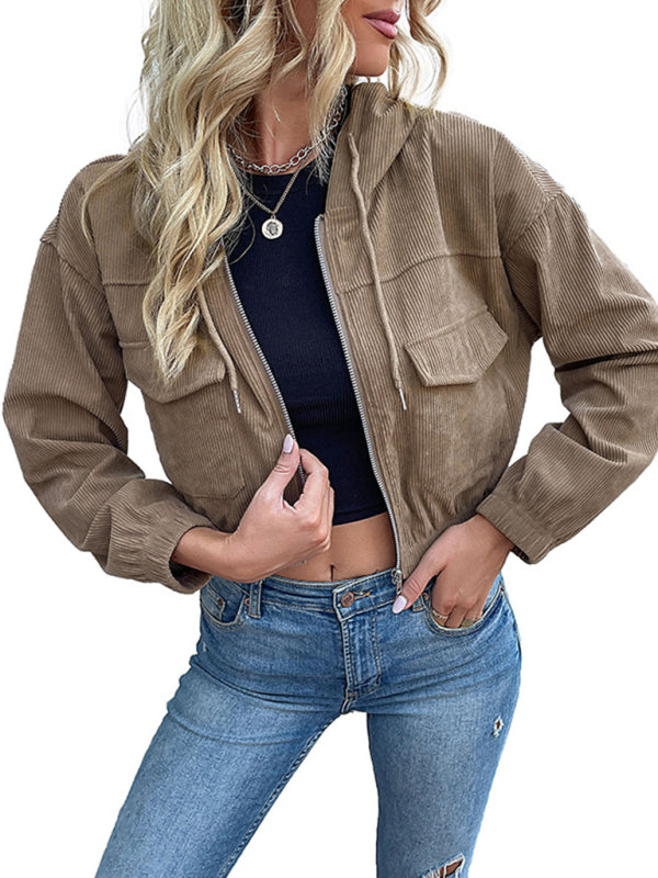 Fashion women's solid color hooded corduroy jacket kakaclo