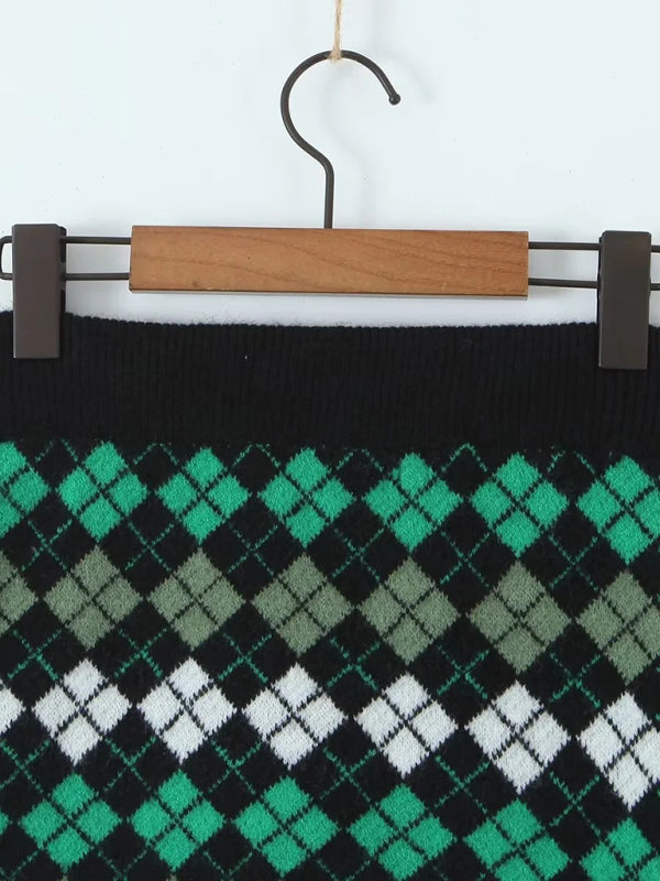 Blue Zone Planet | Retro Rhombus Knitted V-neck Single-Breasted Sweater + Hip Package Skirt BLUE ZONE PLANET