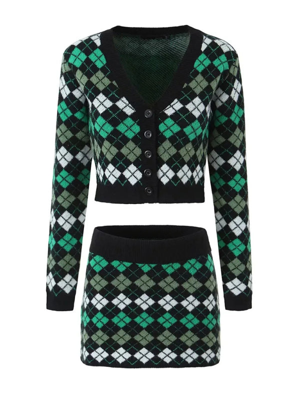 Blue Zone Planet | Retro Rhombus Knitted V-neck Single-Breasted Sweater + Hip Package Skirt BLUE ZONE PLANET
