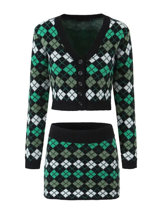 Women's Retro Rhombus Knitted V-neck Single-Breasted Sweater + Hip Package Skirt
