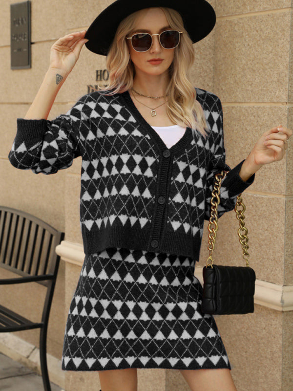 Blue Zone Planet | V-neck cardigan knitted suit A-line skirt Jacquard small fragrance two-piece set BLUE ZONE PLANET