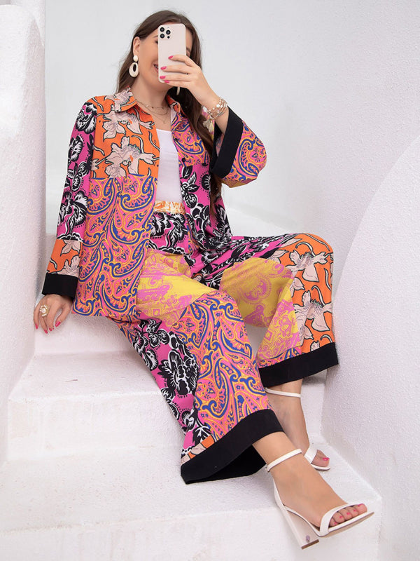 Blue Zone Planet | plus size loose retro floral shirt suit BLUE ZONE PLANET