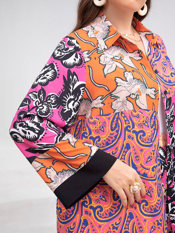 Blue Zone Planet | plus size loose retro floral shirt suit BLUE ZONE PLANET