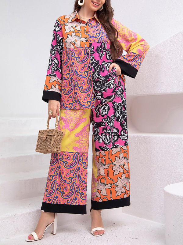 Blue Zone Planet | plus size loose retro floral shirt suit BLUE ZONE PLANET