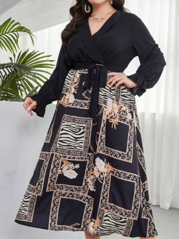 style plus size temperament age reduction simple tie print dress kakaclo