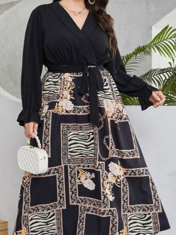 style plus size temperament age reduction simple tie print dress kakaclo