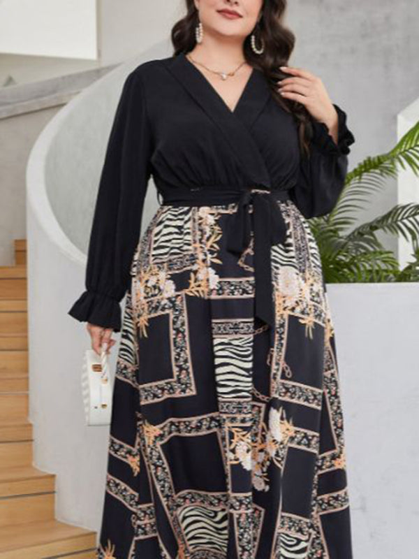 style plus size temperament age reduction simple tie print dress kakaclo