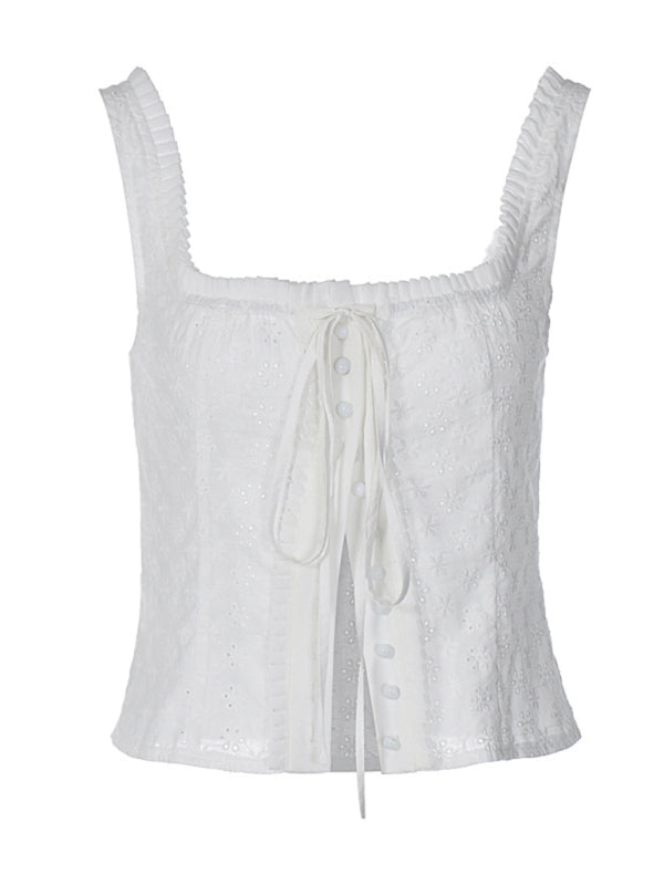 Blue Zone Planet | square collar breasted strap lace top slim fit drawstring T-shirt BLUE ZONE PLANET