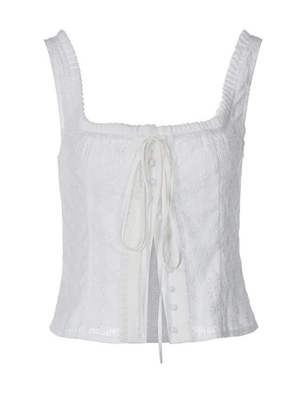 Blue Zone Planet | square collar breasted strap lace top slim fit drawstring T-shirt BLUE ZONE PLANET