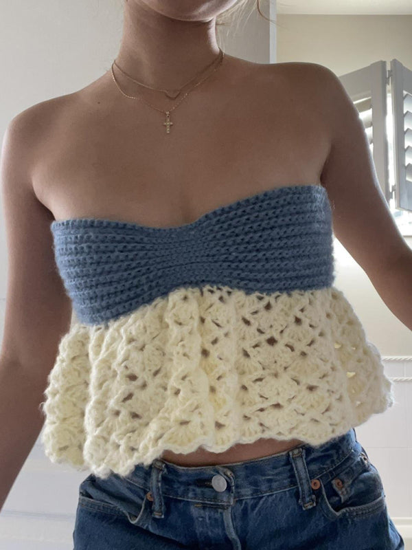 Blue Zone Planet | color-block tube top vest one-shoulder straps backless hot girl knitted sweater top BLUE ZONE PLANET
