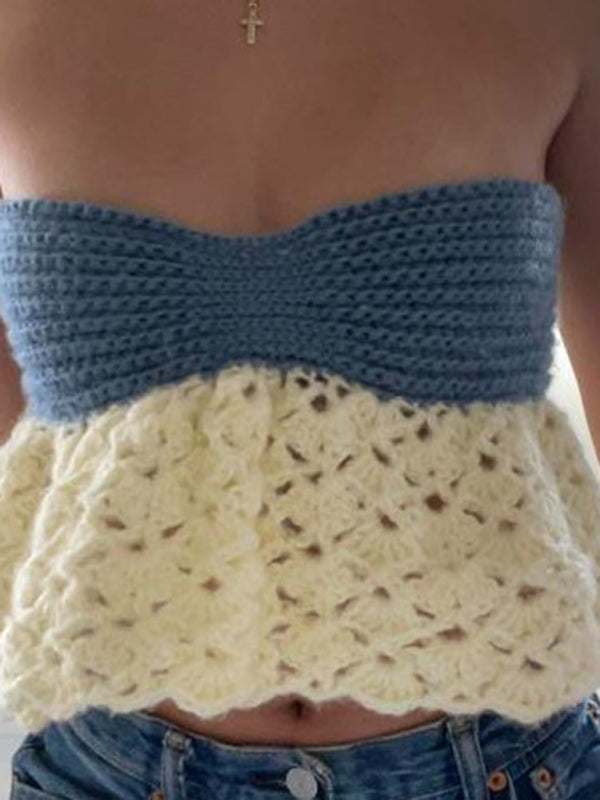 Blue Zone Planet | color-block tube top vest one-shoulder straps backless hot girl knitted sweater top BLUE ZONE PLANET