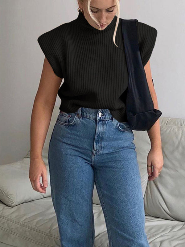 Blue Zone Planet | New solid color turtleneck short-sleeved sweater top BLUE ZONE PLANET