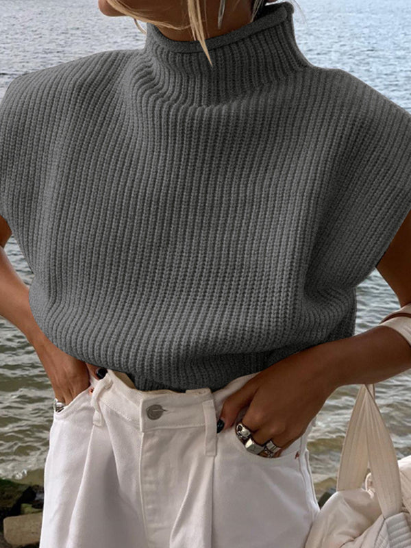 Blue Zone Planet | New solid color turtleneck short-sleeved sweater top BLUE ZONE PLANET