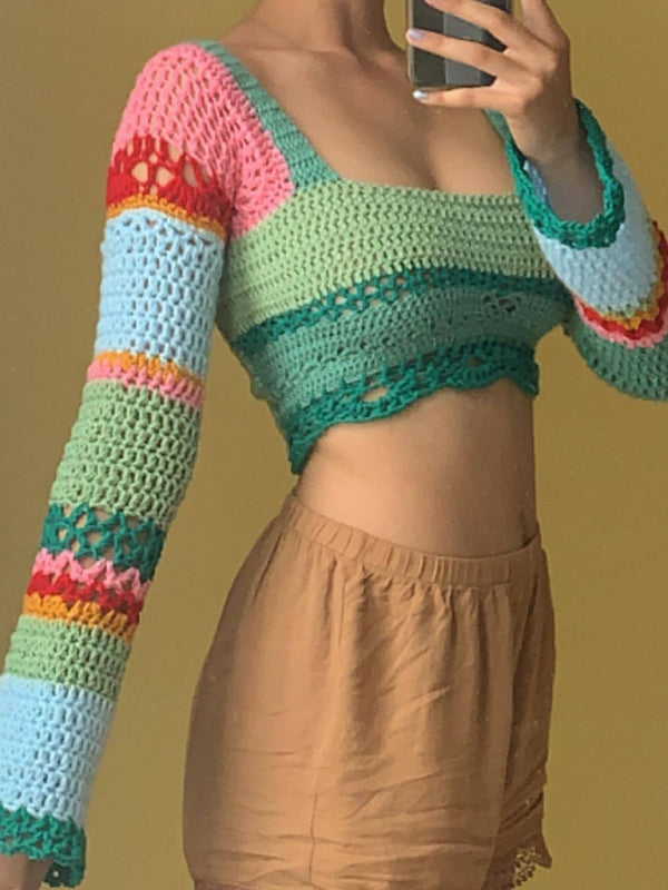 Blue Zone Planet | Women's new square collar colorful striped color block handmade crocheted long-sleeved top BLUE ZONE PLANET