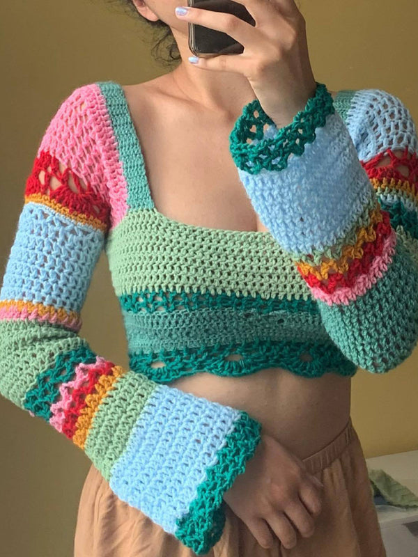 Blue Zone Planet | Women's new square collar colorful striped color block handmade crocheted long-sleeved top BLUE ZONE PLANET