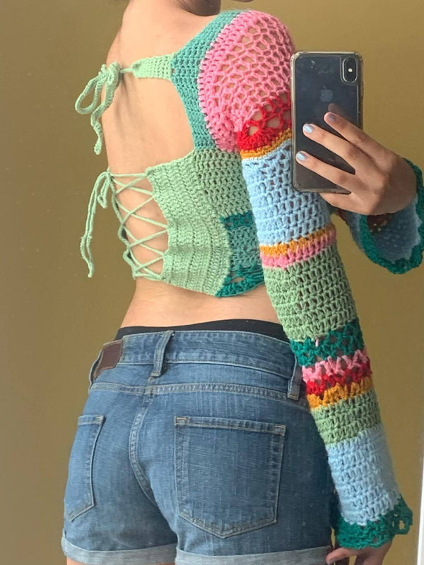 Blue Zone Planet | Women's new square collar colorful striped color block handmade crocheted long-sleeved top BLUE ZONE PLANET
