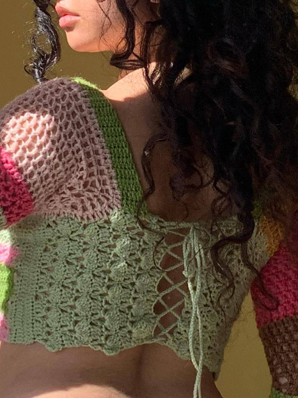 Blue Zone Planet | Women's new square collar colorful striped color block handmade crocheted long-sleeved top BLUE ZONE PLANET