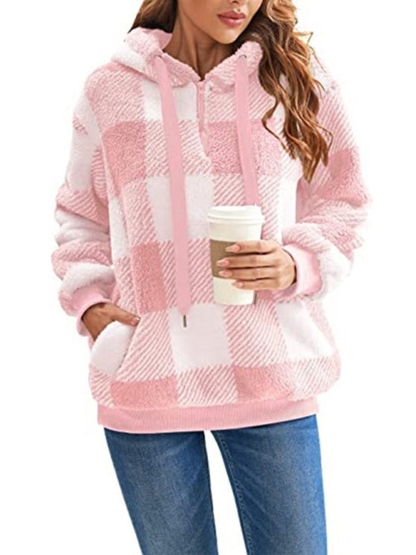 Blue Zone Planet | Long sleeve hooded plaid plush sweatshirt BLUE ZONE PLANET