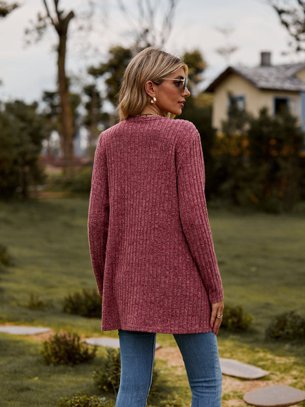Blue Zone Planet | Brushed pitted solid color long-sleeved ladies cardigan BLUE ZONE PLANET