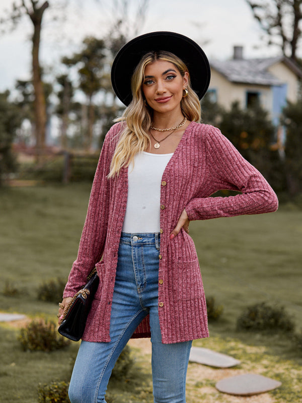 Blue Zone Planet | Brushed pitted solid color long-sleeved ladies cardigan BLUE ZONE PLANET