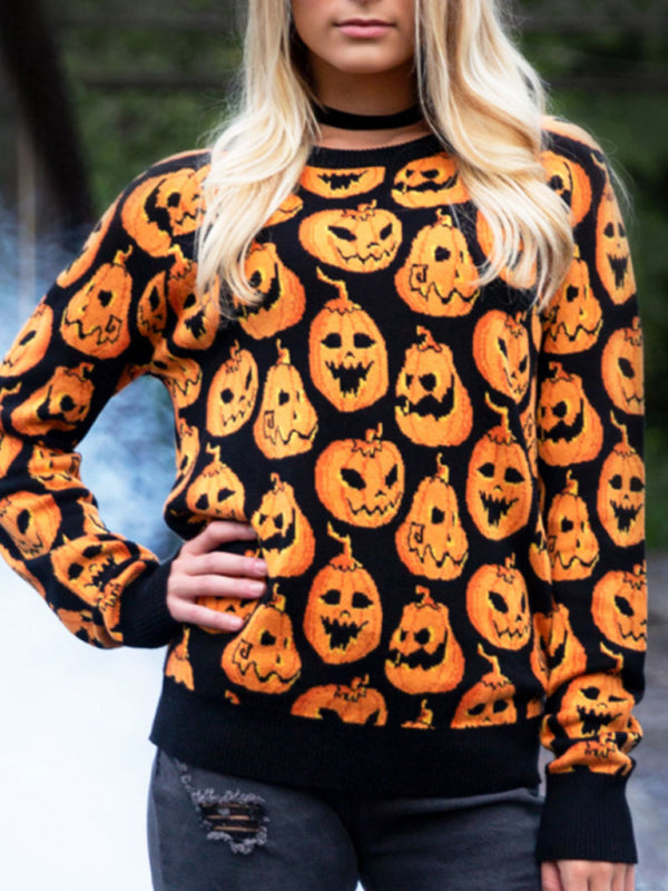 able Halloween Sweater Loose Contrast Color Pumpkin Jacquard