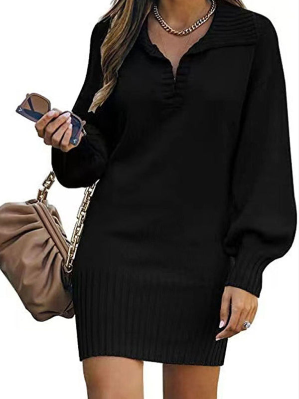 Blue Zone Planet | sweater mid-length skirt lapel lantern sleeve pullover loose knitted sweater BLUE ZONE PLANET