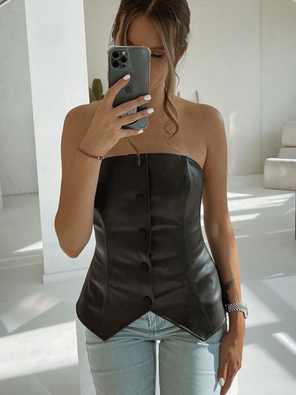 Blue Zone Planet | New PU leather single-breasted bateau collar slim and sexy backless tube top BLUE ZONE PLANET