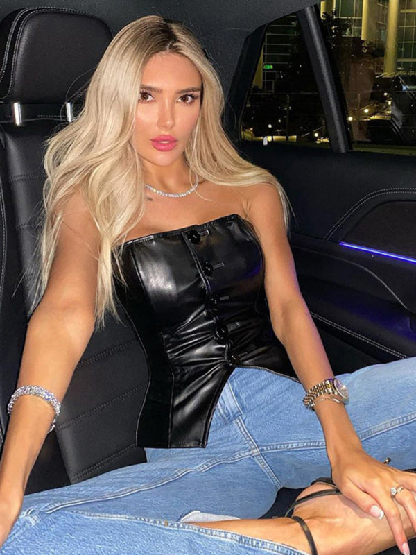 Blue Zone Planet | New PU leather single-breasted bateau collar slim and sexy backless tube top BLUE ZONE PLANET