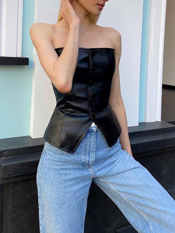 Blue Zone Planet | New PU leather single-breasted bateau collar slim and sexy backless tube top BLUE ZONE PLANET