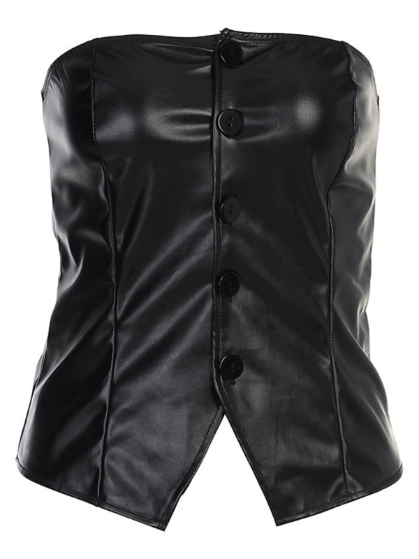 Blue Zone Planet | New PU leather single-breasted bateau collar slim and sexy backless tube top BLUE ZONE PLANET
