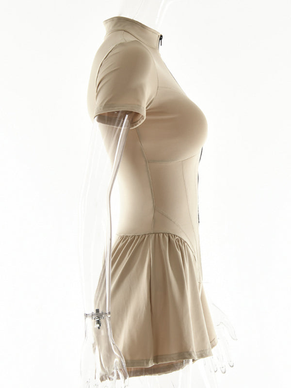 tight skirt short sleeve zipper bottoming jumpsuit BLUE ZONE PLANET