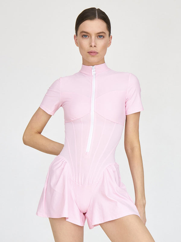 tight skirt short sleeve zipper bottoming jumpsuit BLUE ZONE PLANET