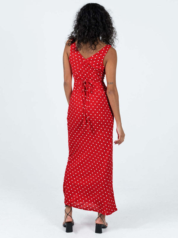 polka dot spaghetti strap V-neck fishtail dress kakaclo