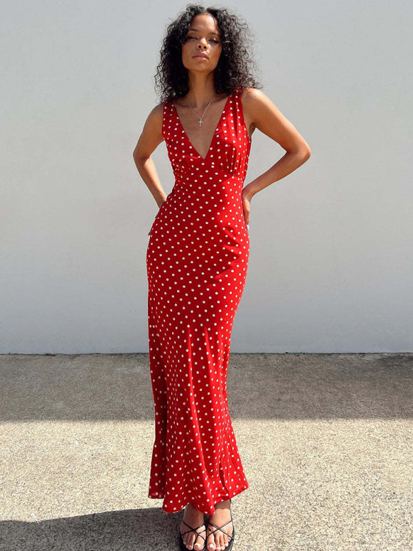 polka dot spaghetti strap V-neck fishtail dress kakaclo
