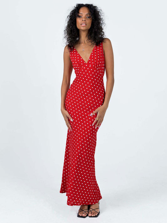 polka dot spaghetti strap V-neck fishtail dress kakaclo