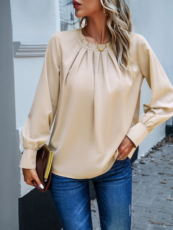 Blue Zone Planet | style elegant lace collar long-sleeved solid color top BLUE ZONE PLANET